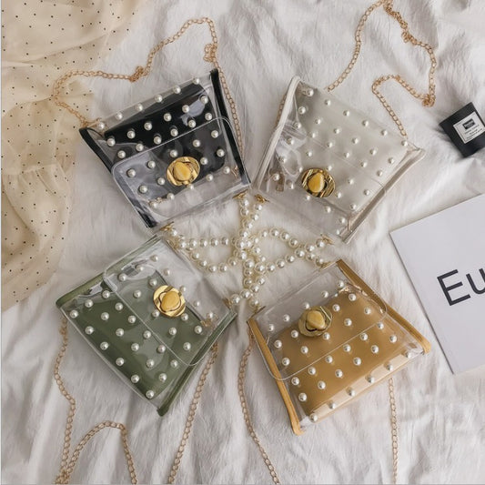 Clear Pearl Crossbody Bag – Transparent Mini Purse with Gold Chain