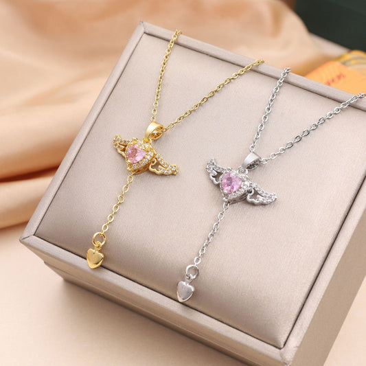 Cupid Heart Crystal Necklace – Angel Wings Pendant with Tassel Chain